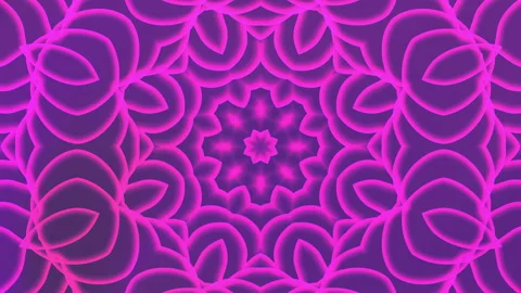 Glowing neon pink flower pattern symmetrical shape purple animation background Stock Footage 337222467
