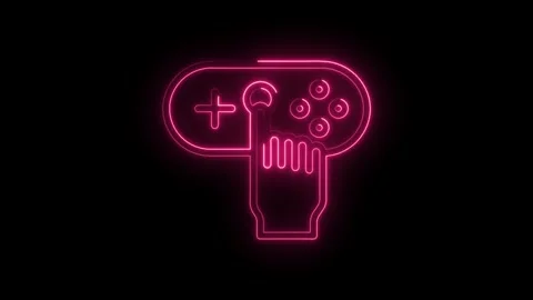 Glowing neon pink gaming controller icon with a finger pressing a button on.. Stock Footage 315497714
