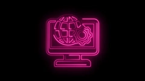 Glowing neon pink globe and gear icon on computer screen abstract digital Stock Footage 333955862