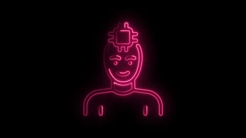 Glowing neon pink human head icon with integrated computer chip symbol repr.. Video stock 314558813