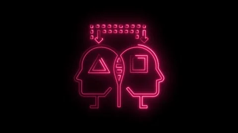 Glowing Neon Pink Human Head Icons with Geometric Shapes and Downward Arrow.. Stock Footage 315497086