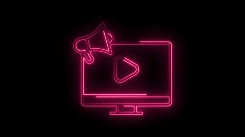 Glowing neon pink megaphone announcing on computer screen with play button .. Stock Footage 314557726