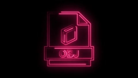 Glowing neon pink O B J file icon with 3 D cube graphic isolated on black b.. Stock Footage 314574209