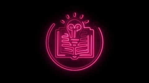 Glowing neon pink open book with light bulb idea symbol and circular arrow .. Stock Footage 346014541