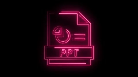 Glowing neon pink P T file icon with pie chart and data lines on black back.. Stock Footage 314574510