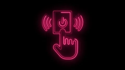 Glowing neon pink power button icon with hand pressing symbol and radiating.. Stock Footage 314572863