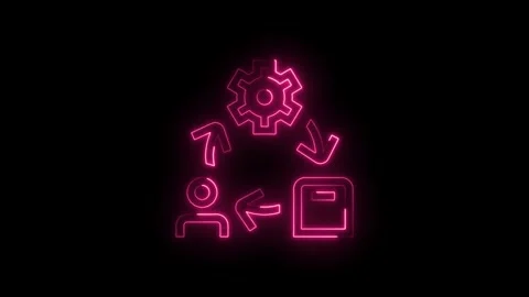 Glowing neon pink process icon with gear person and document symbols in cir.. Stock Footage 314551189
