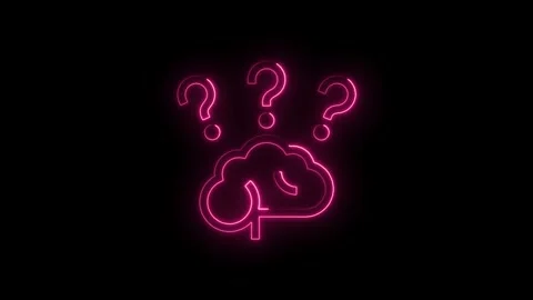 Glowing neon pink question mark icons hovering above a stylized brain outli.. Stock Footage 314551158