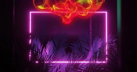 Glowing neon pink rectangular frame in studio, with red-orange particle cloud, Stock Photos