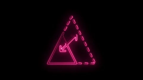 Glowing neon pink triangle icon with arrows and dashed line animation on bl.. Stock Footage 314558149