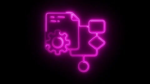 Glowing neon pink workflow process icon with gear symbol and flowchart elem.. Stock Footage 314713587