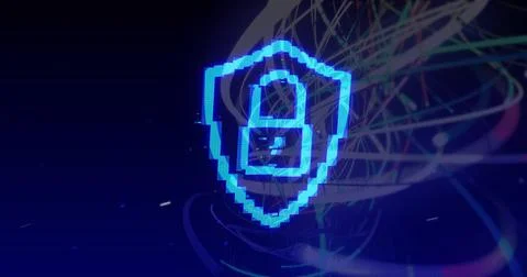 Glowing neon pixelated shield floating in cyber backdrop, showing padlock, Illustrazione stock