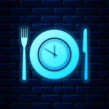 Glowing neon Plate with clock, fork and knife icon isolated on brick wall 스톡 일러스트