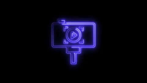 Glowing Neon Play Button Icon on Camera Frame Isolated Black Background Dig.. Stock Footage 315655463