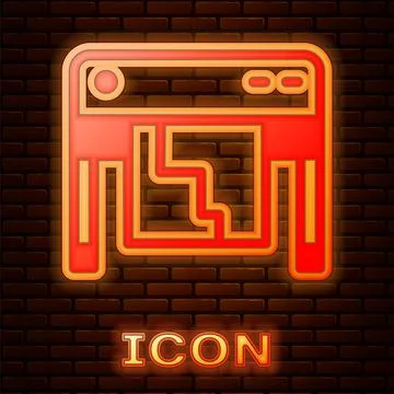 Glowing neon Plotter icon isolated on brick wall background. Large format Illustrazione stock