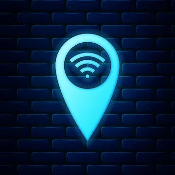 Glowing neon Pointer map with wifi internet signal connection icon isolated on イラスト素材