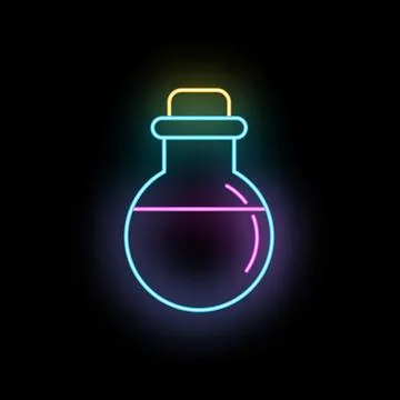 Glowing neon potion bottle icon on black background Stock Illustration