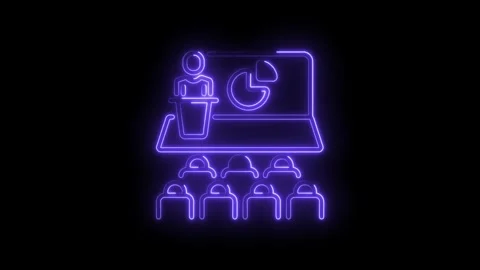 Glowing neon presentation with data pie chart and audience animation on black Stock Footage 330779271