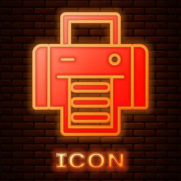 Glowing neon Printer icon isolated on brick wall background. Vector 스톡 일러스트