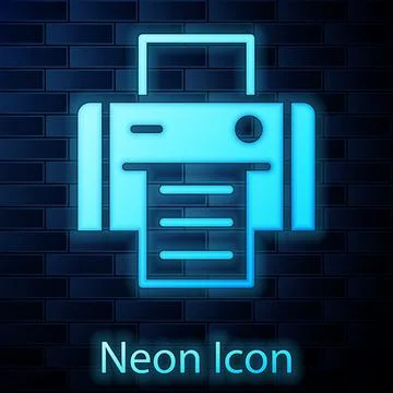 Glowing neon Printer icon isolated on brick wall background.  Vector Stock Illustration