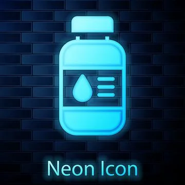 Glowing neon Printer ink bottle icon isolated on brick wall background. Vector Stock Illustration