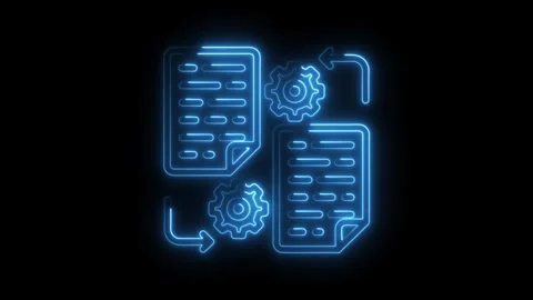 Glowing neon process automation workflow with gears and documents on black .. Stock Footage 308998069
