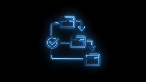 Glowing neon process flow diagram on black background abstract digital system Stock Footage 330774640
