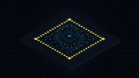 Glowing neon processor chip and digital circuit grid animation loop Stock Footage 347214301