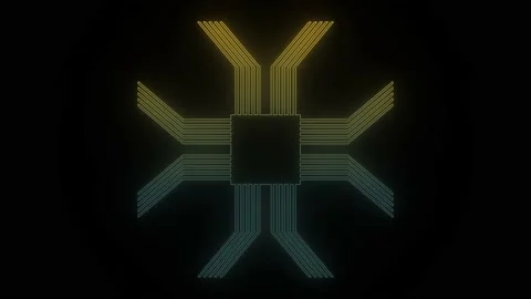 Glowing neon processor icon on black background. Stock Footage 222575204