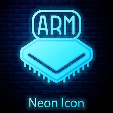Glowing neon Processor icon isolated on brick wall background. CPU, central イラスト素材