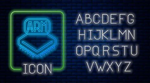 Glowing neon Processor icon isolated on brick wall background. CPU, central イラスト素材