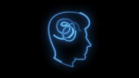Glowing neon profile outline with tangled thoughts animation on black backg.. Stock Footage 312330831