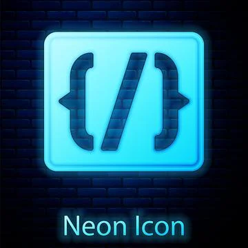 Glowing neon Programming language syntax icon isolated on brick wall background Stock Illustration