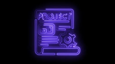 Glowing neon project icon with gear symbol and abstract data elements on tr.. Stock Footage 314557410