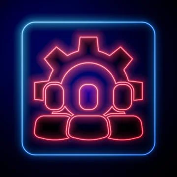 Glowing neon Project team base icon isolated on blue background. Business Stockillustratie