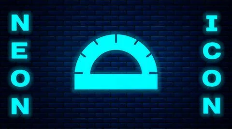 Glowing neon Protractor grid for measuring degrees icon isolated on brick wall Stock Illustration