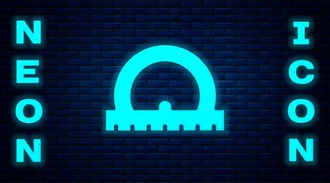 Glowing neon Protractor grid for measuring degrees icon isolated on brick wall Stock Illustration