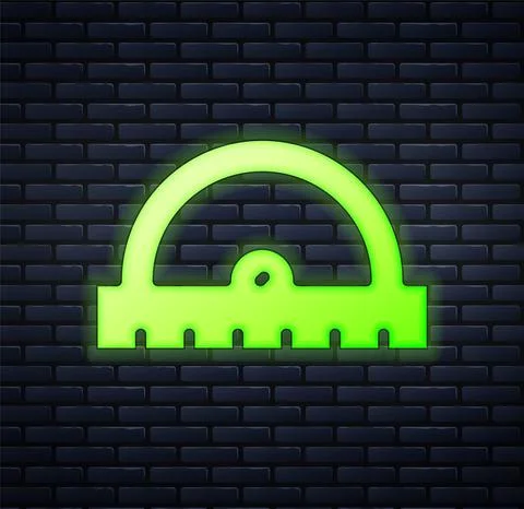 Glowing neon Protractor grid for measuring degrees icon isolated on brick wal Stock Illustration