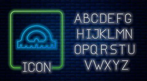 Glowing neon Protractor grid for measuring degrees icon isolated on brick wall Illustrazione stock