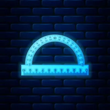 Glowing neon Protractor grid for measuring degrees icon isolated on brick wall Stock Illustration