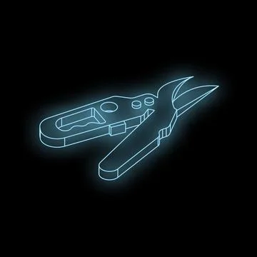 Glowing neon pruning shears on dark background, isometric view Illustrazione stock