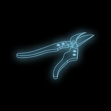Glowing neon pruning shears on dark background, gardening tool Ilustración de archivo