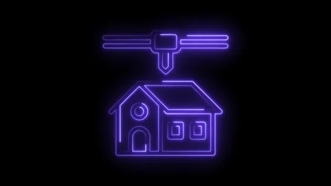 Glowing neon purple 3d printer icon creating a house symbol on transparent .. Stock Footage 314559198