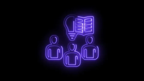 Glowing neon purple abstract figures learning from an open book and lightbulb Stock Footage 333962631