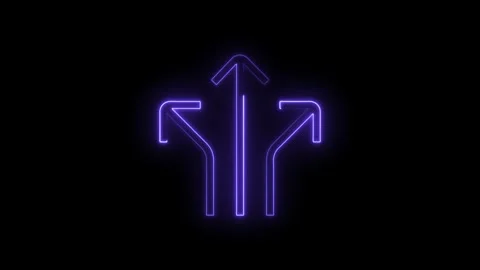 Glowing neon purple arrows split and diverge on a dark background represent.. Stock Footage 314551032