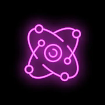 Glowing neon purple atom structure icon with electrons orbiting a nucleus Stock Illustration