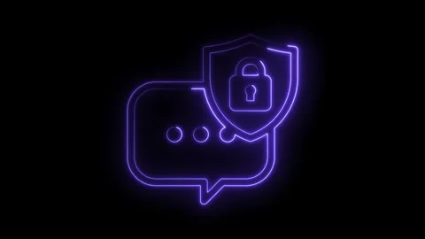Glowing Neon Purple Chat Bubble Shield Lock Icon Isolated Black Background .. Video stock 315498247