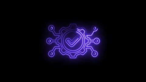 Glowing neon purple checkmark inside a gear with circuit connections symbolizing Stock Footage 333963932