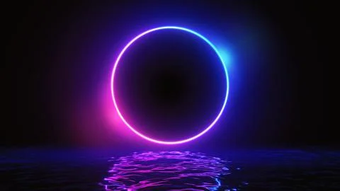 Glowing neon purple circle ring line with reflections on water Stock Illustration