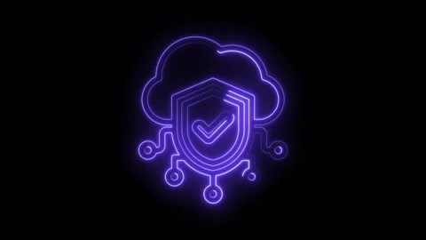 Glowing neon purple cloud shield with checkmark symbol connected by digital.. Stock Footage 346014163
